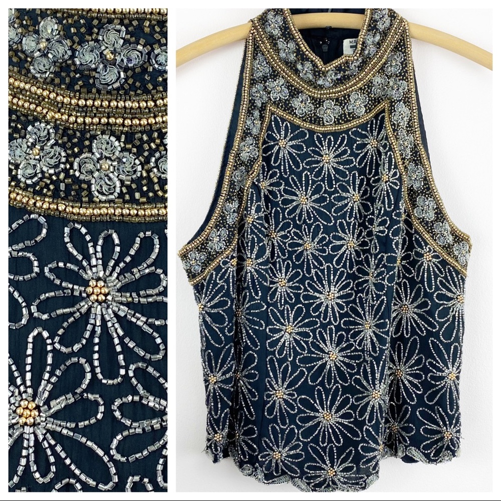 VTG 90s Gopal Beaded Daisy Mock Neck Halter Tank